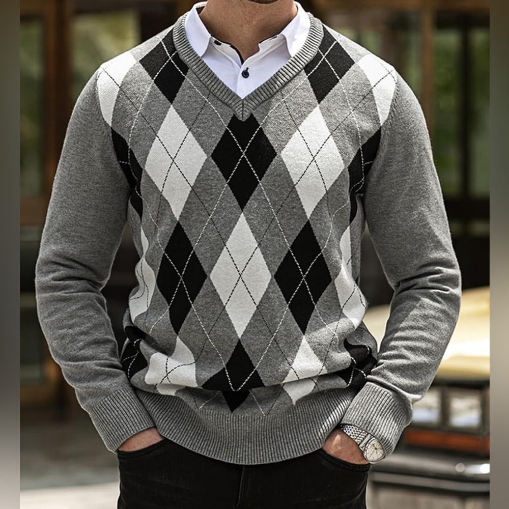 JMIERR Mens Sweaters Casual V Neck Ribbed Knit Long Sleeve Argyle Pullover
